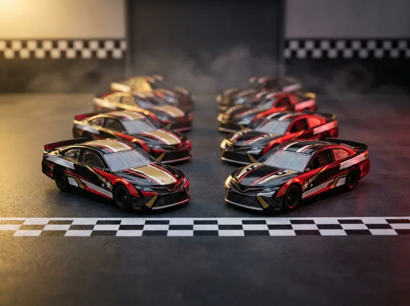Concept illustration: eight 1:64 stock car diecasts in matching black, red and gold liveries lined up two by two behind a painted checkered start/finish line.