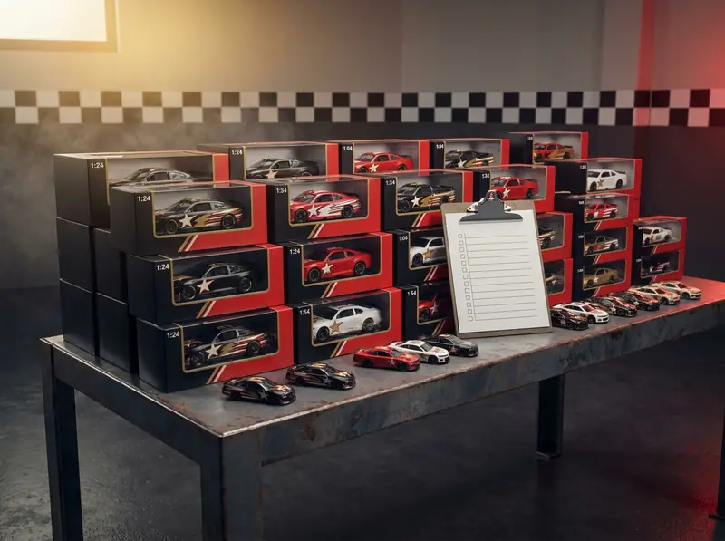 Concept illustration: rows of boxed 1:24 and 1:64 diecast stacked on a steel garage workbench, a blank clipboard checklist resting against them.