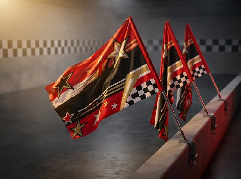 Concept illustration: three red, black and gold race fan flags with stars and checkered panels clamped to a concrete pit wall.