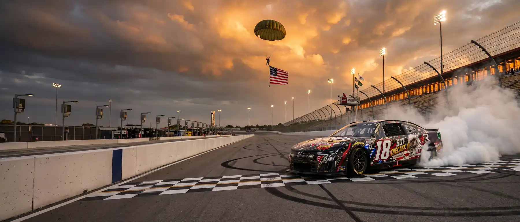 Concept illustration made from William's own #18 livery renders: the black #18 car doing a burnout on a speedway's checkered start/finish line at sunset, tire smoke pouring off its rear tires, with a paratrooper carrying a large American flag down over the grandstand and the floodlights.