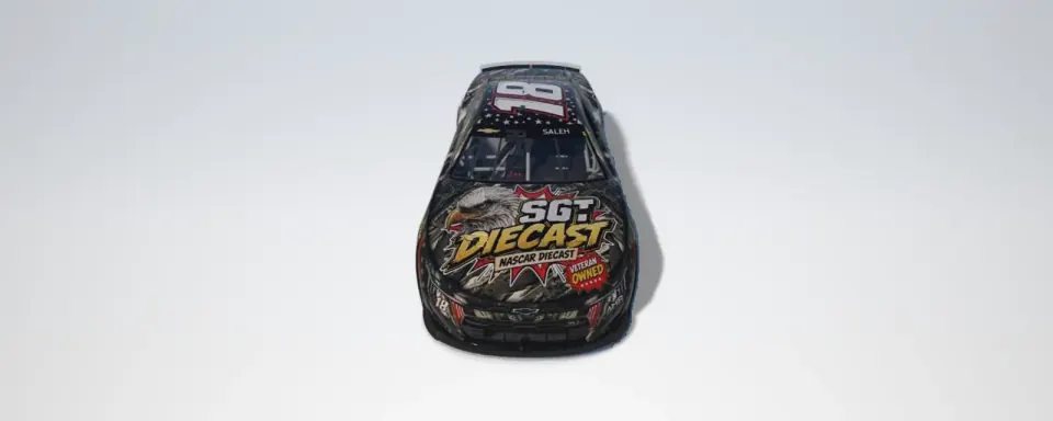 Render of William's #18 car, front: black with the bald eagle, the flag, SGT Diecast and the 18.