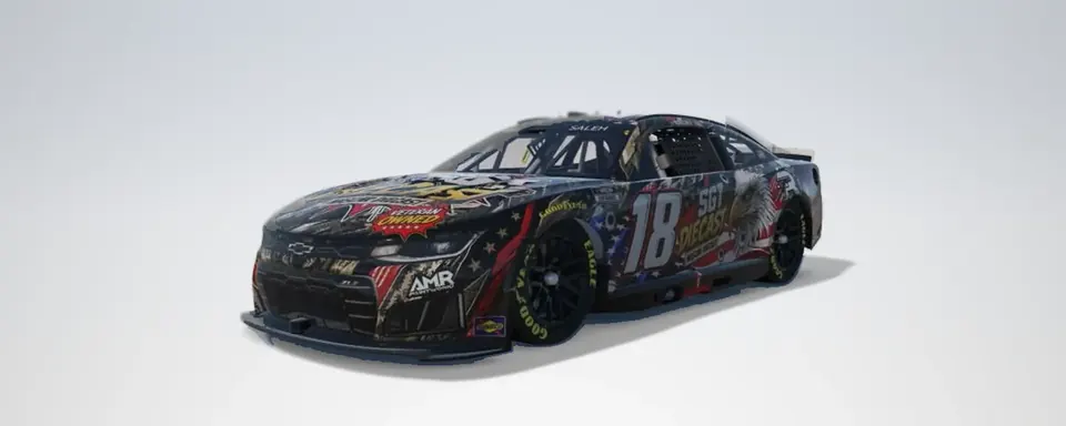 Render of William's #18 car, front three-quarter, left: black with the bald eagle, the flag, SGT Diecast and the 18.