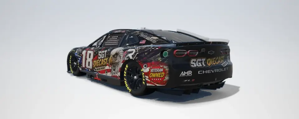Render of William's #18 car, rear three-quarter, left: black with the bald eagle, the flag, SGT Diecast and the 18.