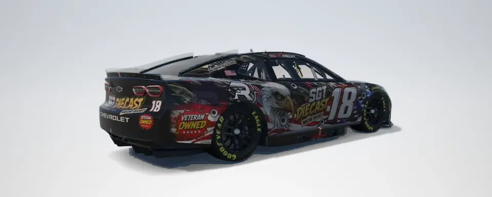 Render of William's #18 car, rear three-quarter, right: black with the bald eagle, the flag, SGT Diecast and the 18.