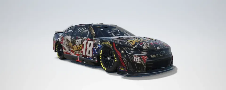 Render of William's #18 car, front three-quarter, right: black with the bald eagle, the flag, SGT Diecast and the 18.
