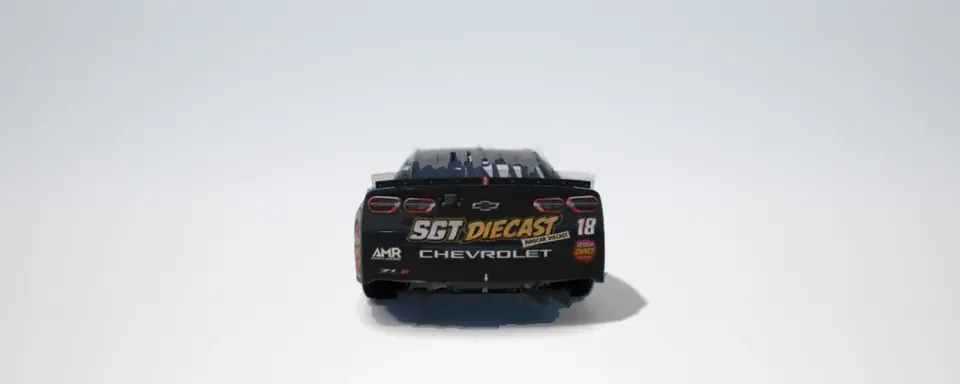 Render of William's #18 car, rear: black with the bald eagle, the flag, SGT Diecast and the 18.