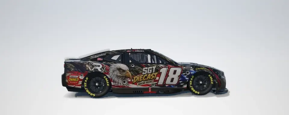 Render of William's #18 car, right side: black with the bald eagle, the flag, SGT Diecast and the 18.