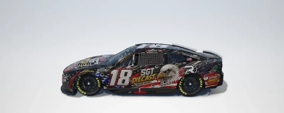 Render of William's #18 car, left side: black with the bald eagle, the flag, SGT Diecast and the 18.