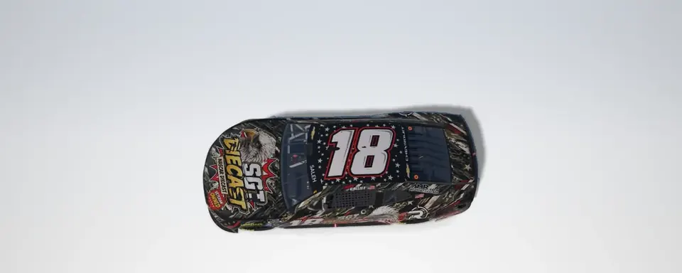 Render of William's #18 car, from above: black with the bald eagle, the flag, SGT Diecast and the 18.